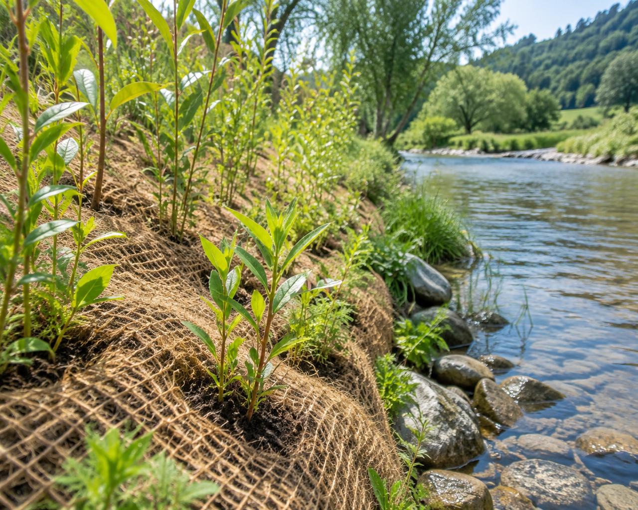 Vegetação sobre fibras naturais junto a um rio